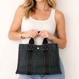 Hermes Black Canvas Bag with silver snap closure